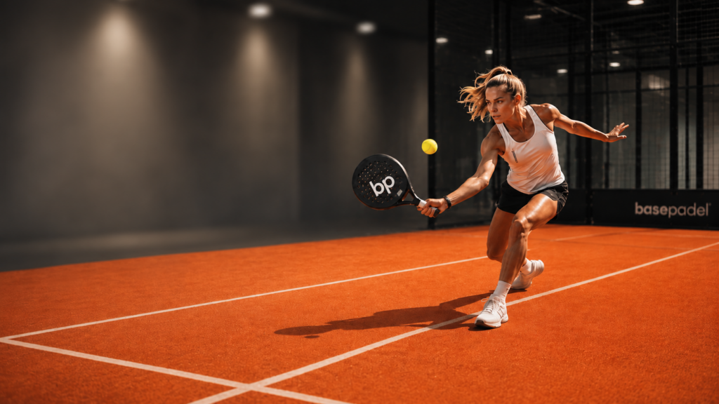 Junge Frau spielt drinnen Padel. KI generiertes Bild.