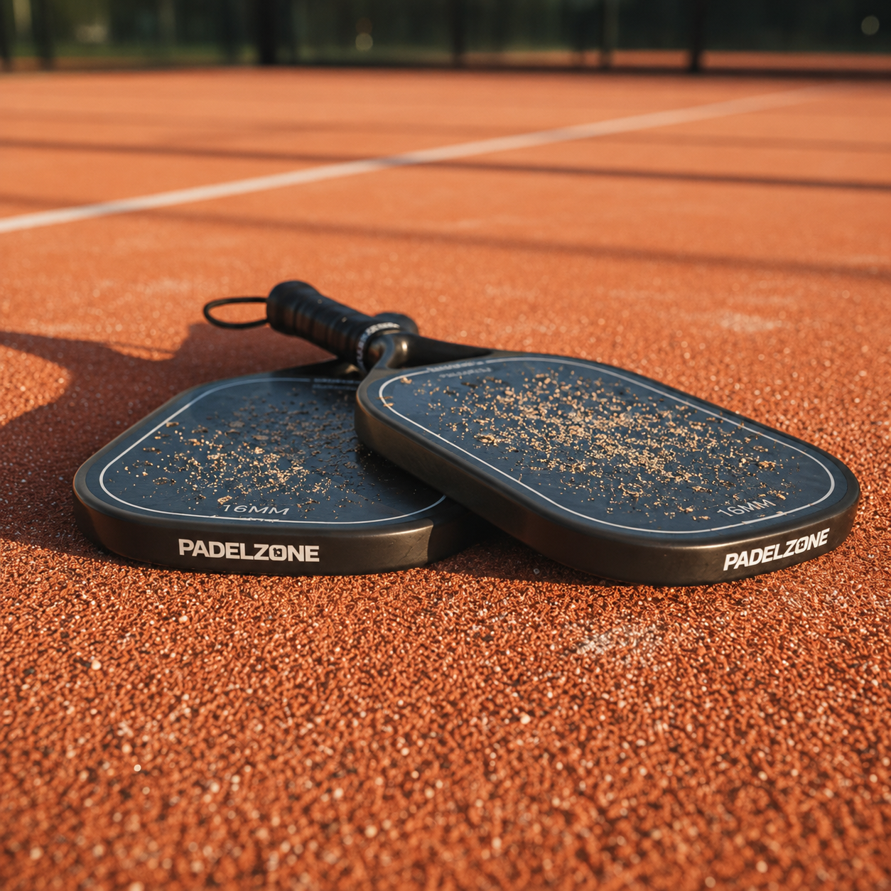 KI generiertes Bild von zwei Pickleball Schlägern auf einem orangenem Platz